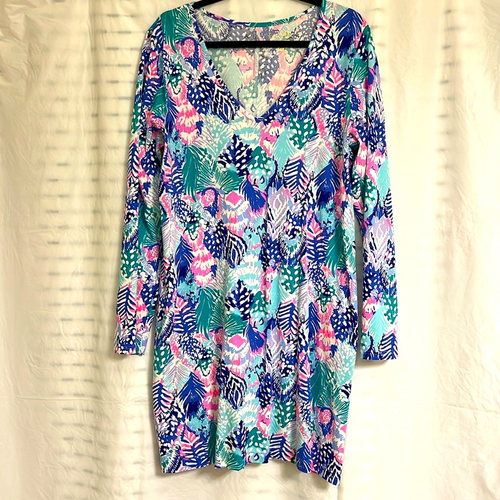 Lilly Pulitzer Beacon Long sleeve dress XL Quill Out 100% Cotton Multi Colors